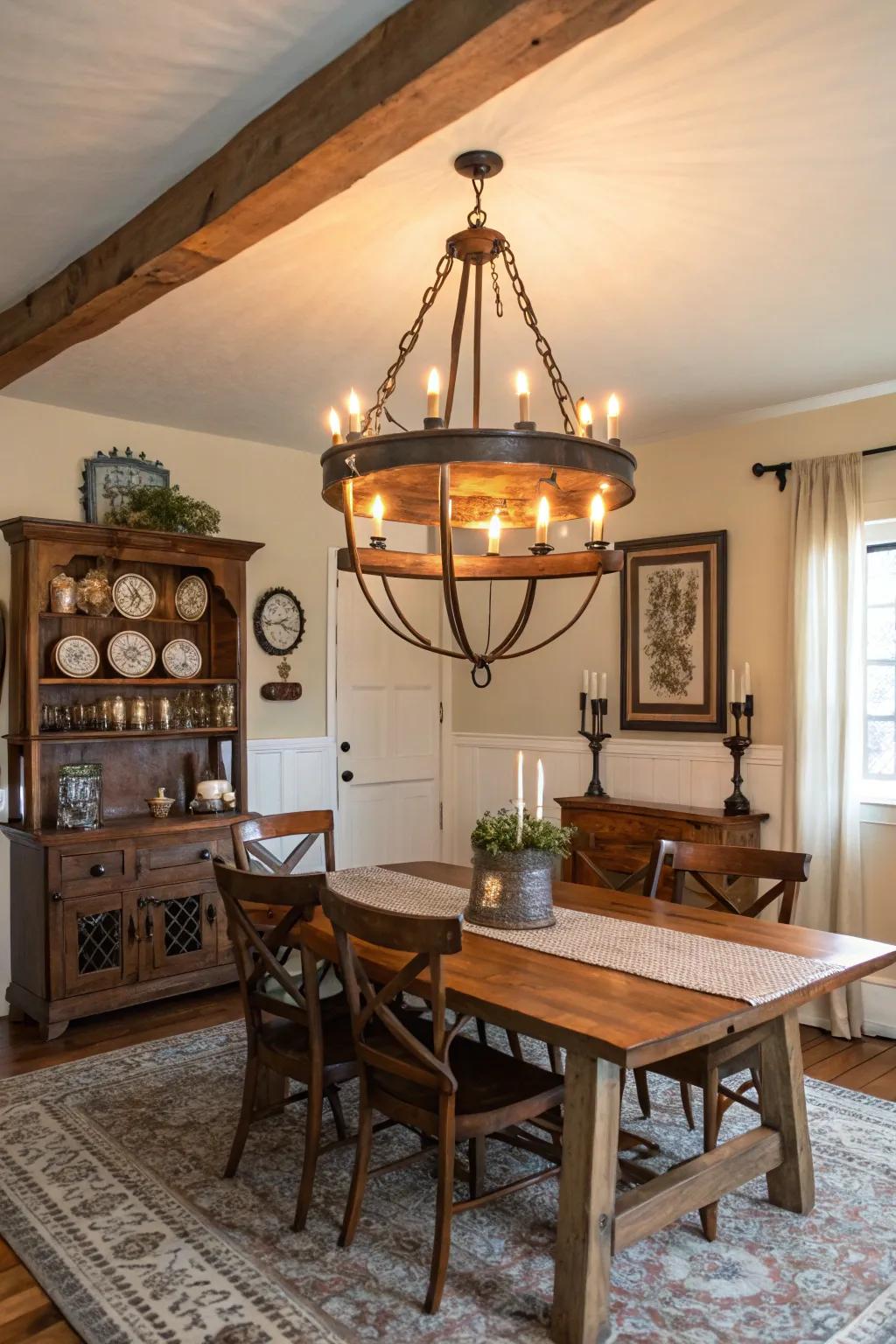 A rustic wood and metal chandelier adds charm to any dining area.