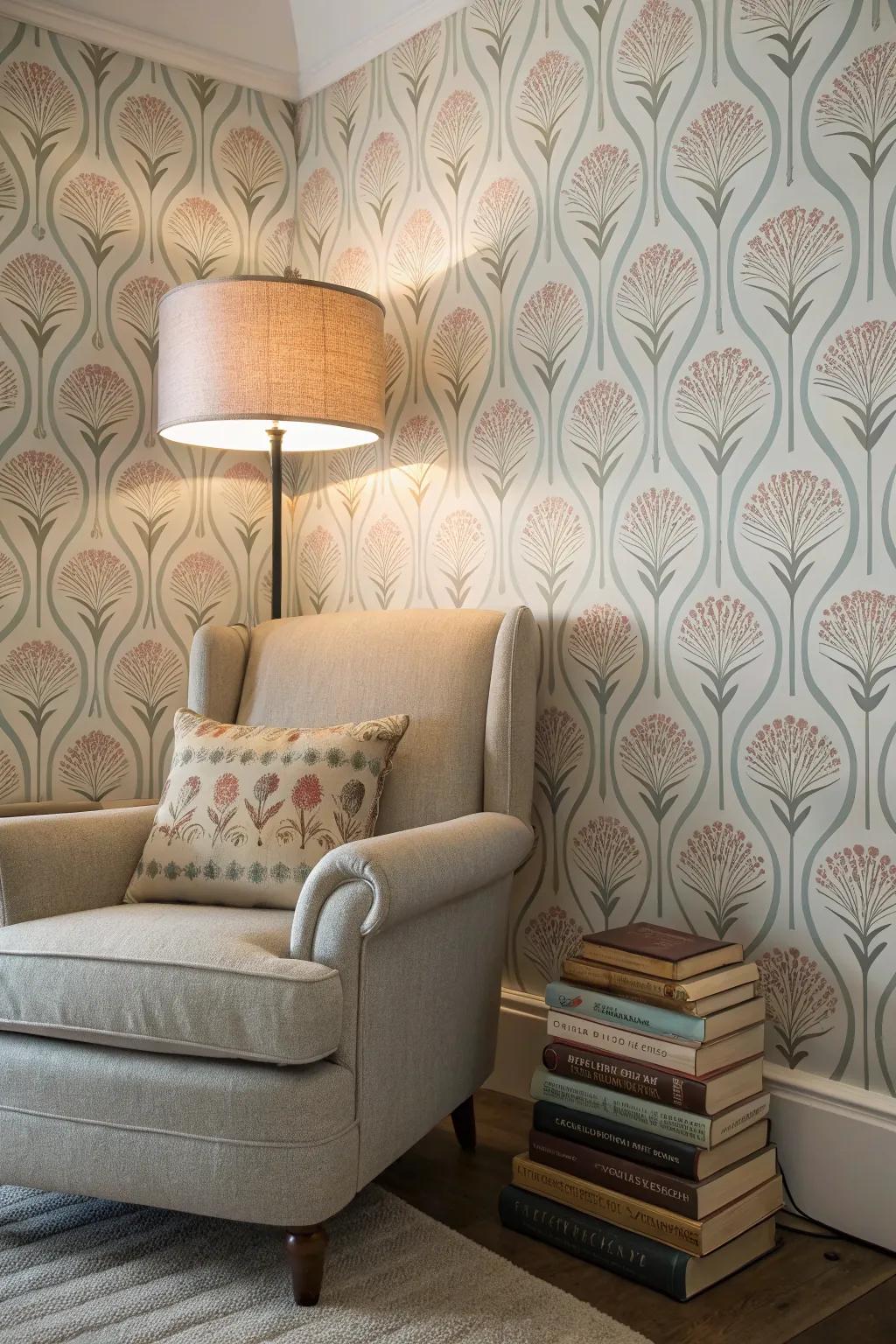 Cozy reading nook with inviting wallpaper and comfortable seating.