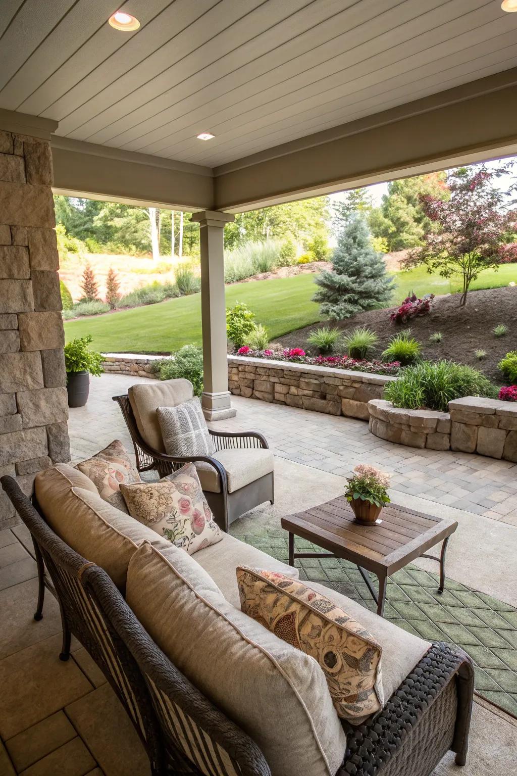 A cozy lounge space on a walkout basement patio, perfect for relaxation.