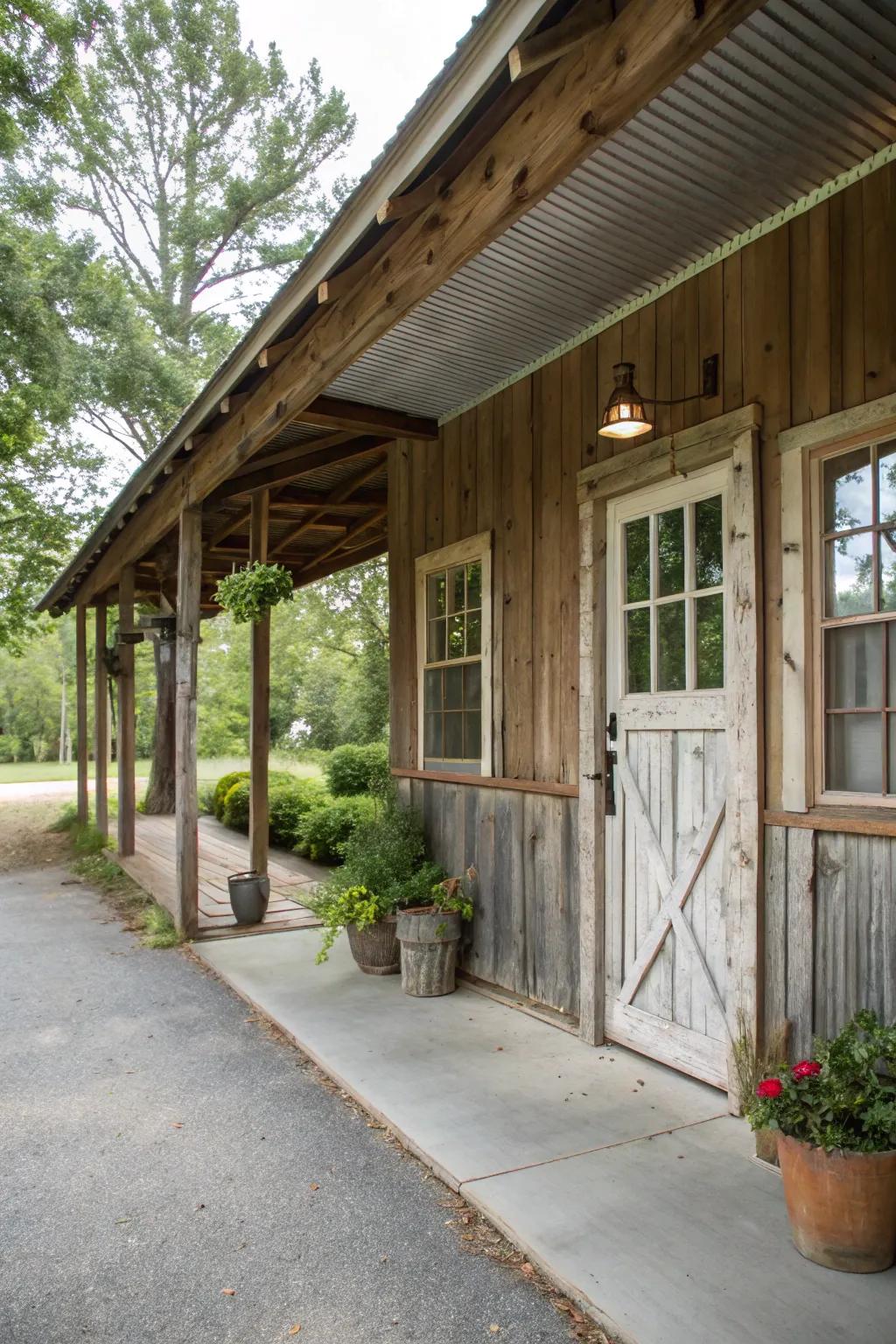 A rustic garage with an inviting outdoor extension.