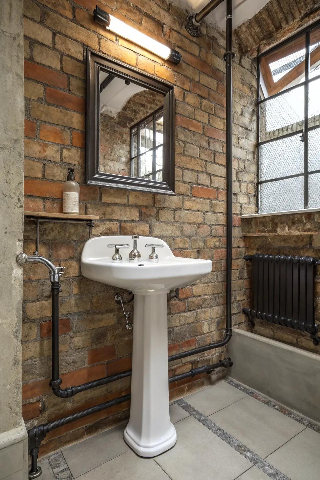 Industrial edge bathroom with metal and exposed pipes.
