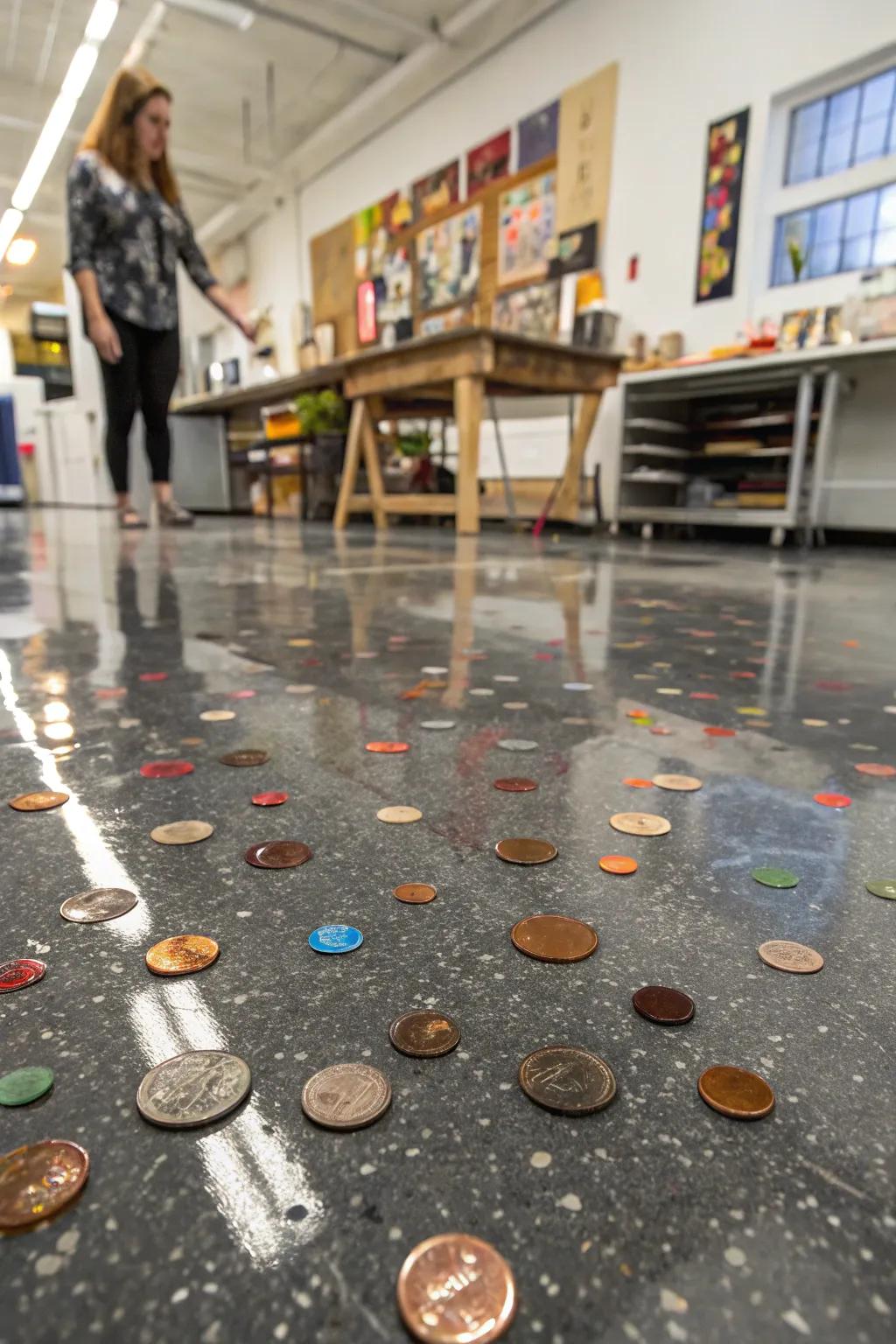 A creative workshop featuring an epoxy floor with embedded coins.