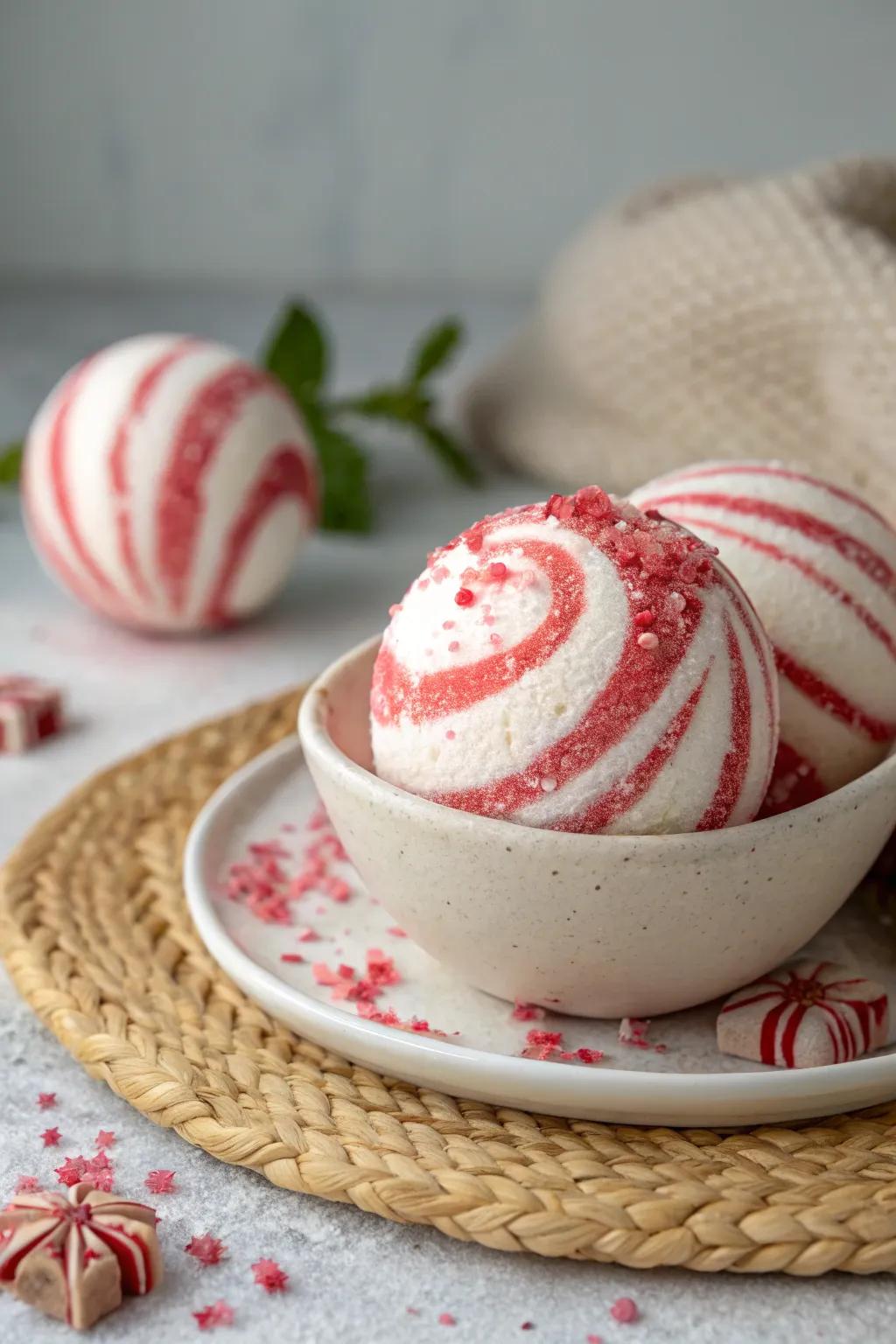 Indulge in the soothing charm of candy cane bath bombs - a perfect blend of Scandinavian simplicity and boho elegance.