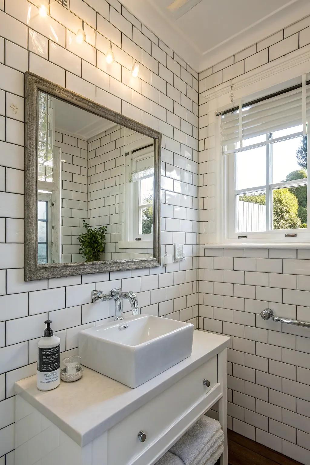 A classic bathroom featuring white subway tiles that adds a touch of vintage elegance.