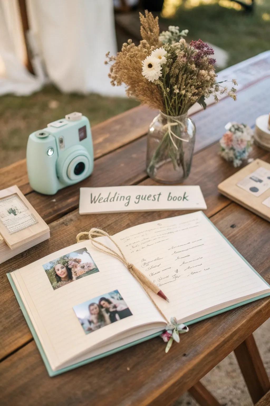 Capture memories in style with an instant photo scrapbook station, a perfect blend of simplicity and elegance for your special day.