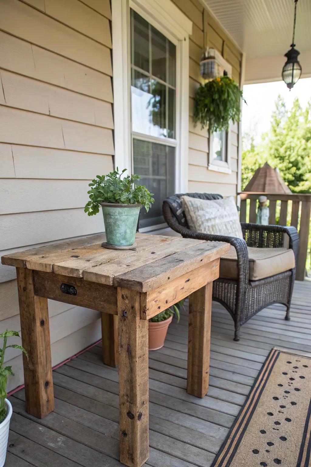 A handmade table adds rustic charm and practical space.