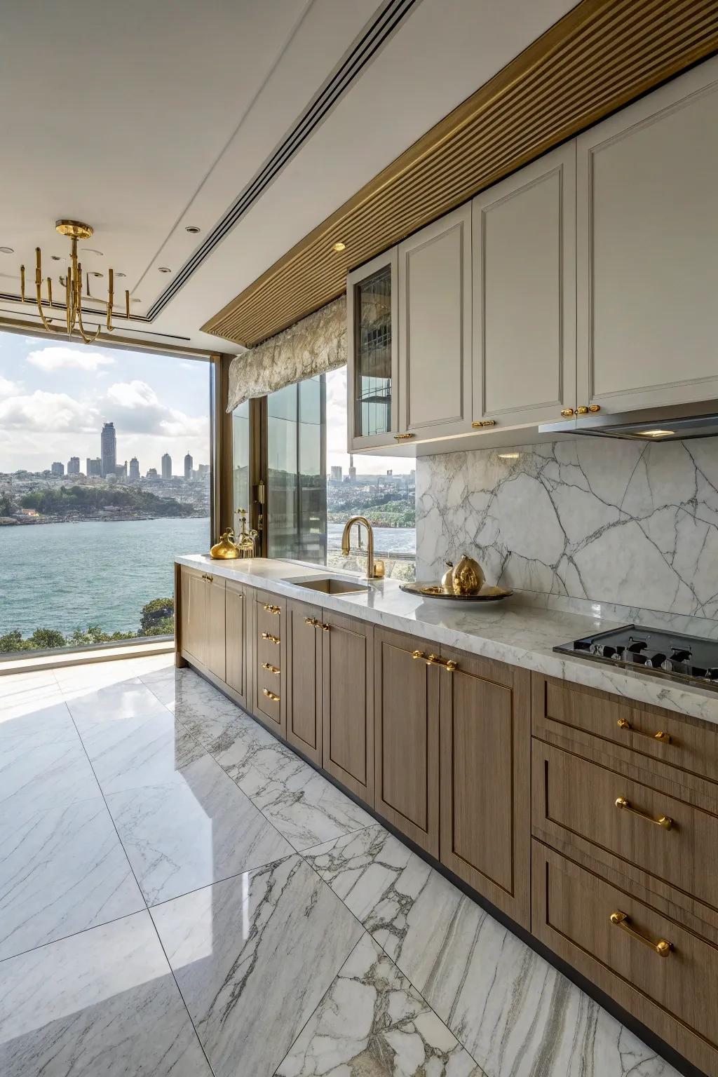 An elegant kitchen with Bosphorus Skyline marble floors and luxurious gold veining.