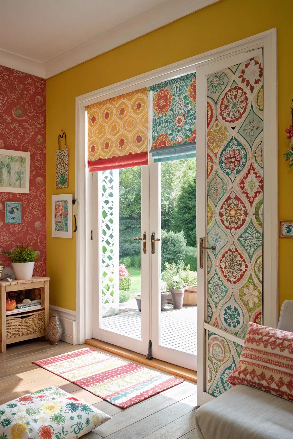 Printed roller shades adding a pop of color to French doors in a lively space.