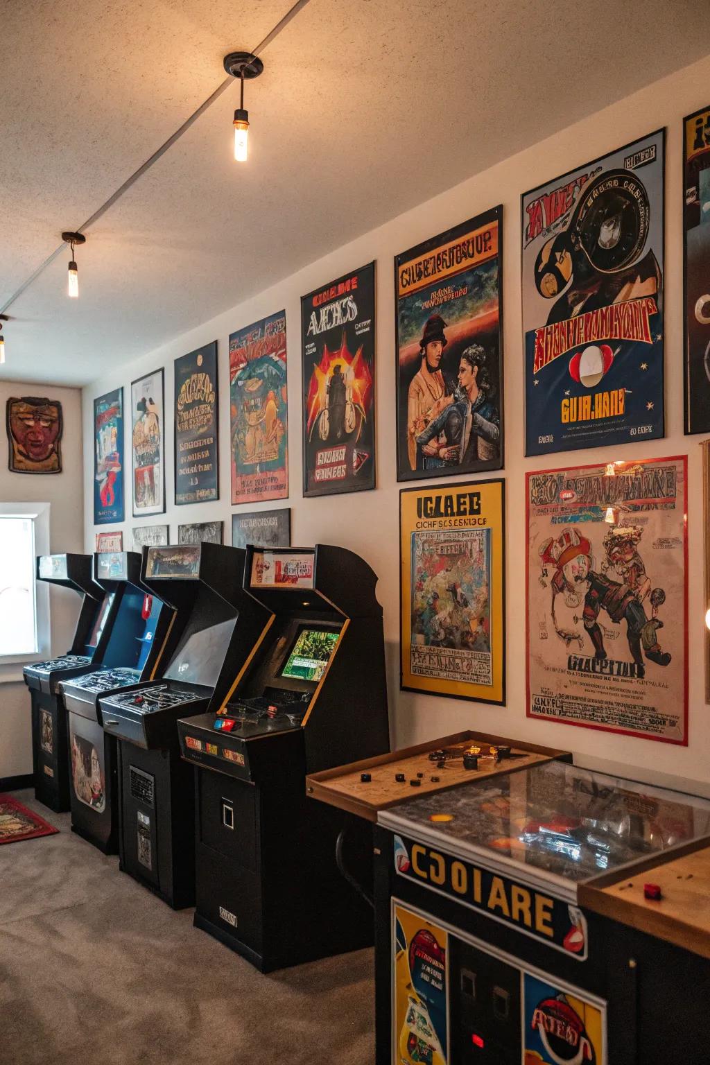 Vintage posters bring a touch of gaming history to the space.