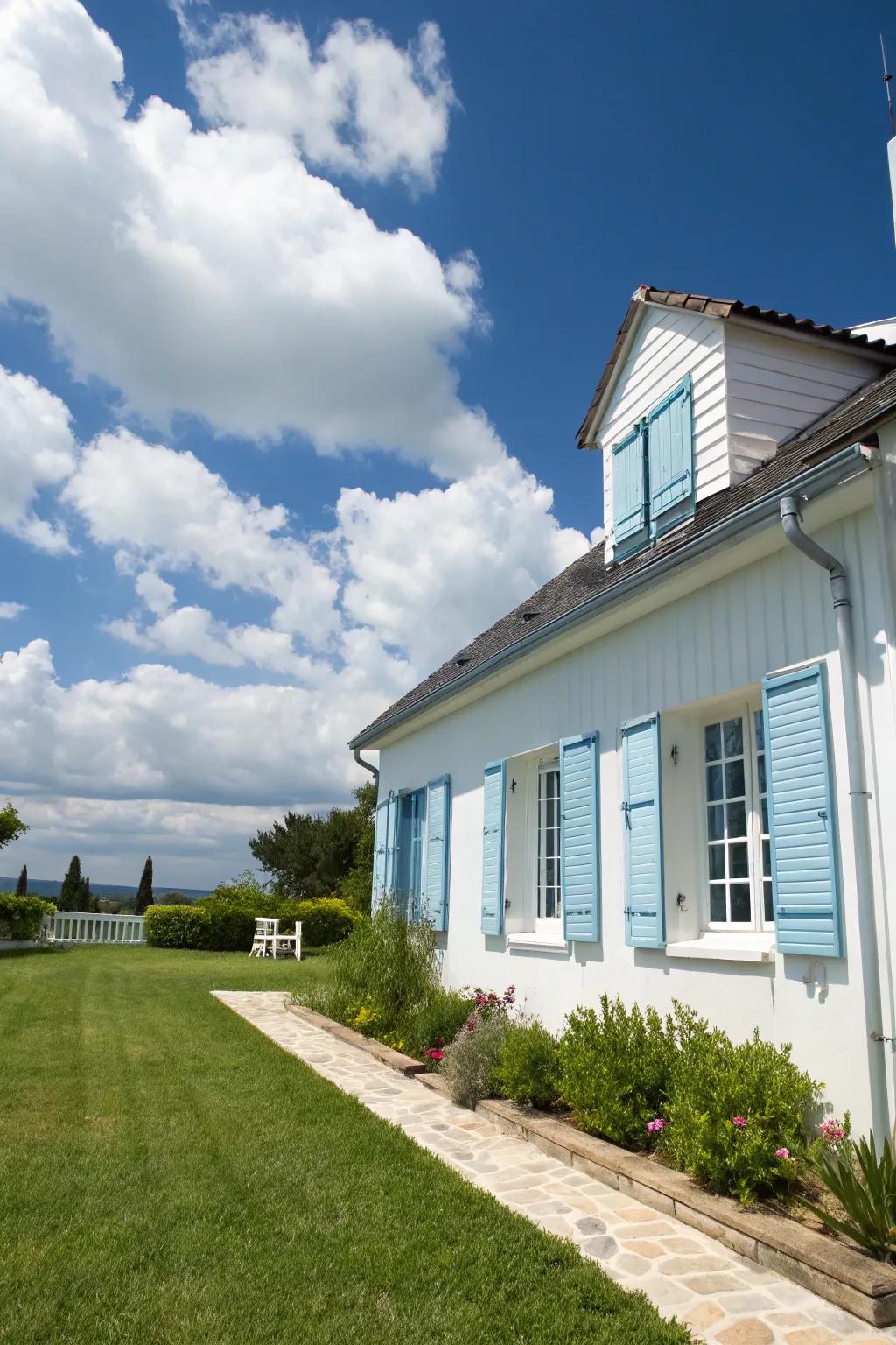 Sky blue shutters add a cheerful and breezy vibe to this white house.