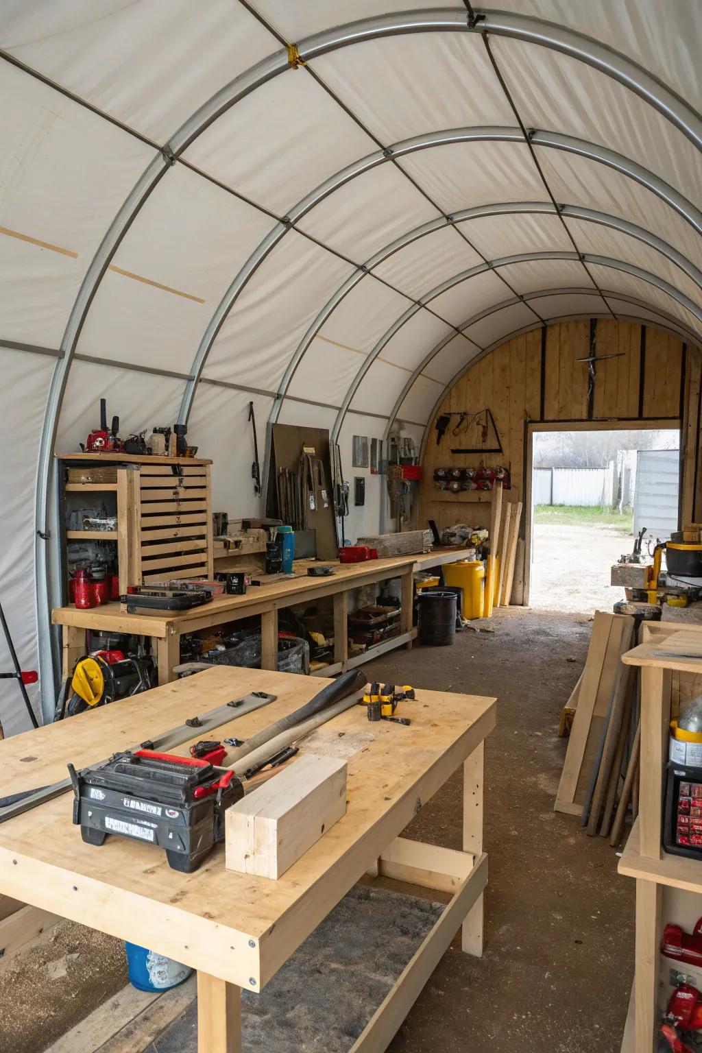 A Quonset hut equipped for DIY enthusiasts with all the necessary tools.