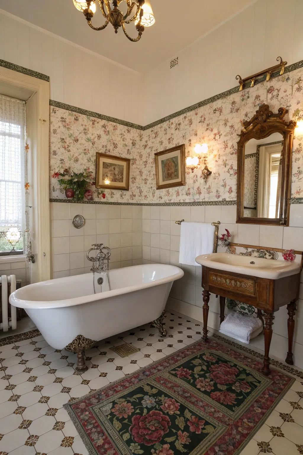 A charming bathroom with floral pattern tiles that brings nature's beauty inside.