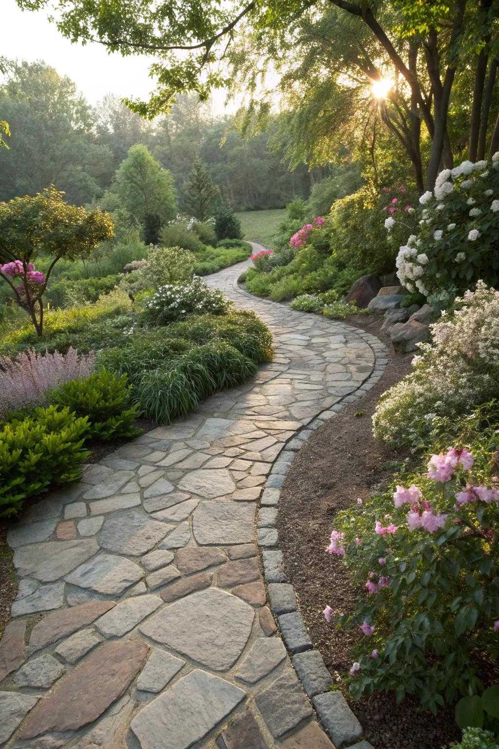 A mixed stone walkway featuring cobblestones and flagstones.