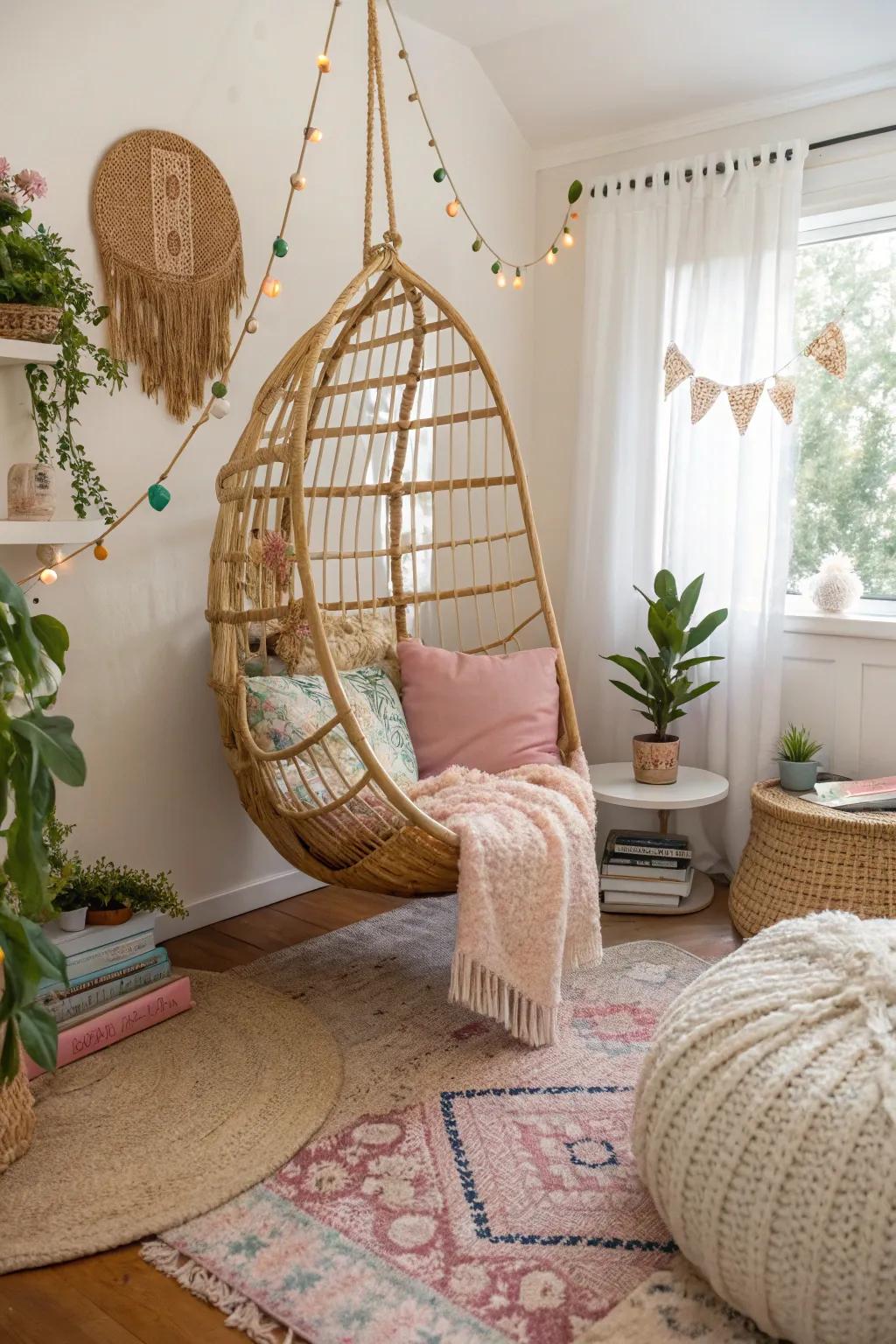 A cozy reading nook with a hanging chair invites relaxation.