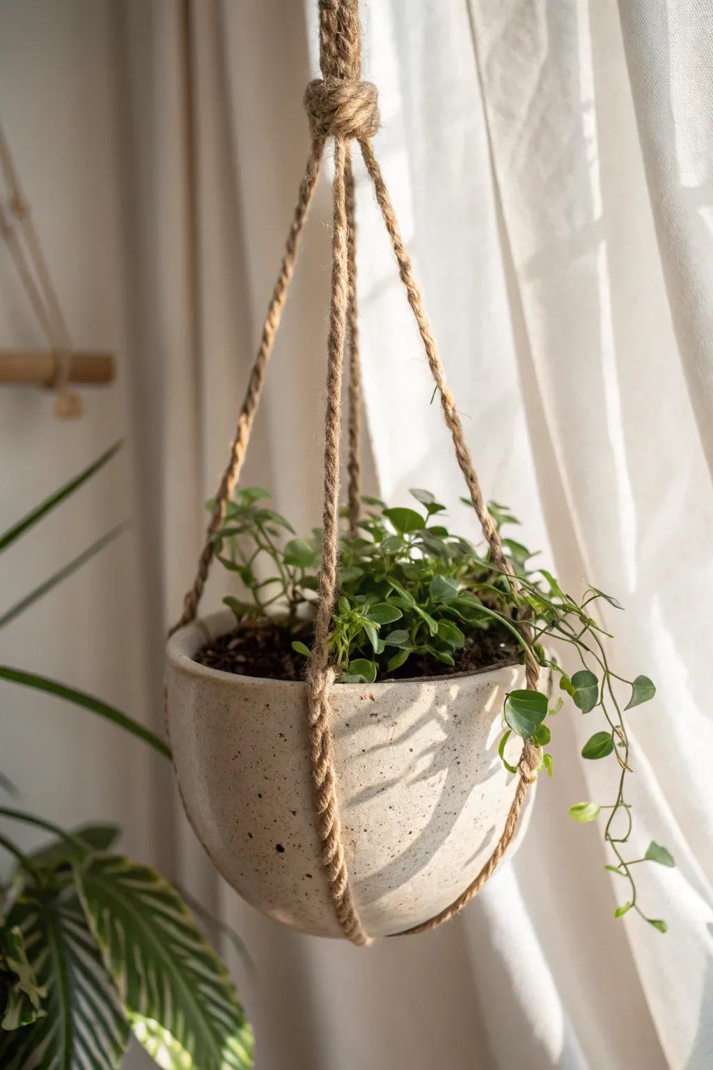 Elevate your space with the simplicity and charm of a handmade hanging clay planter.