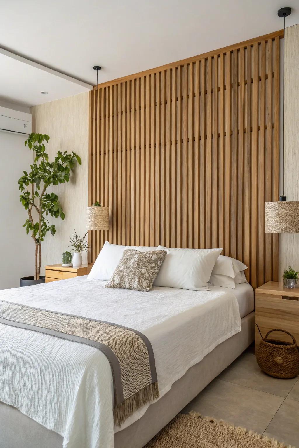 Wood slat panels add natural elegance to this minimalist bedroom.