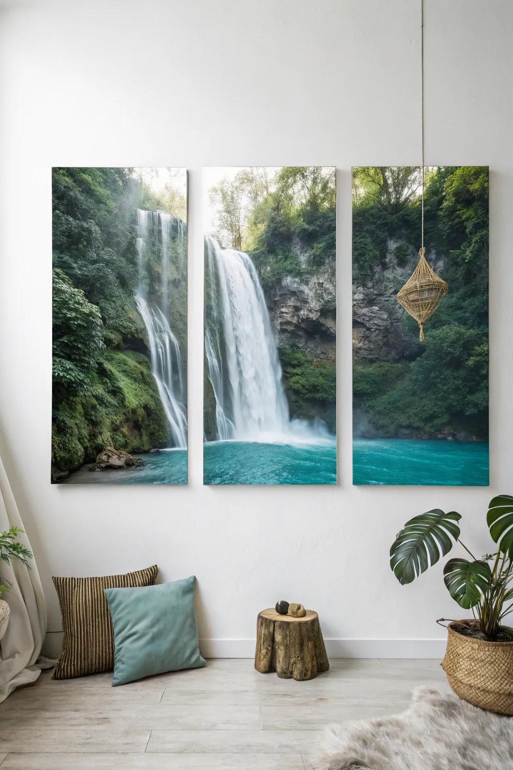 Bring the serene flow of nature indoors with a stunning waterfall triptych.