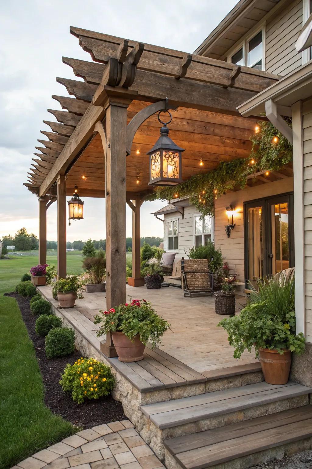 A cozy pergola providing shade and character on a large porch.