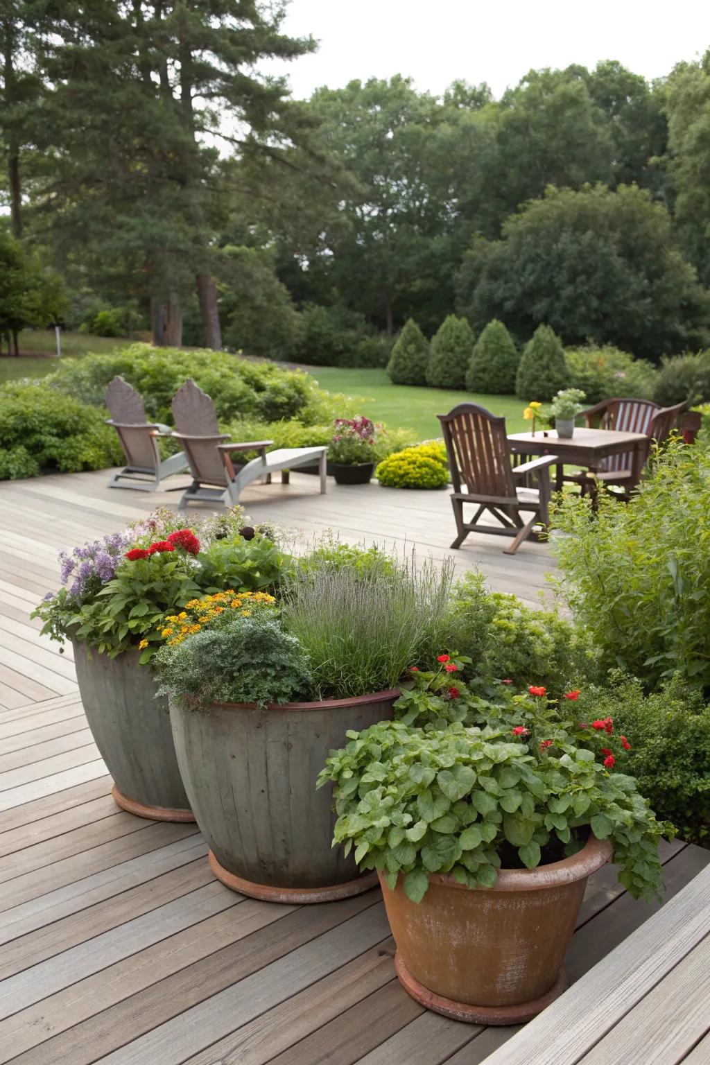 Planters offer versatility and style for deck landscaping.