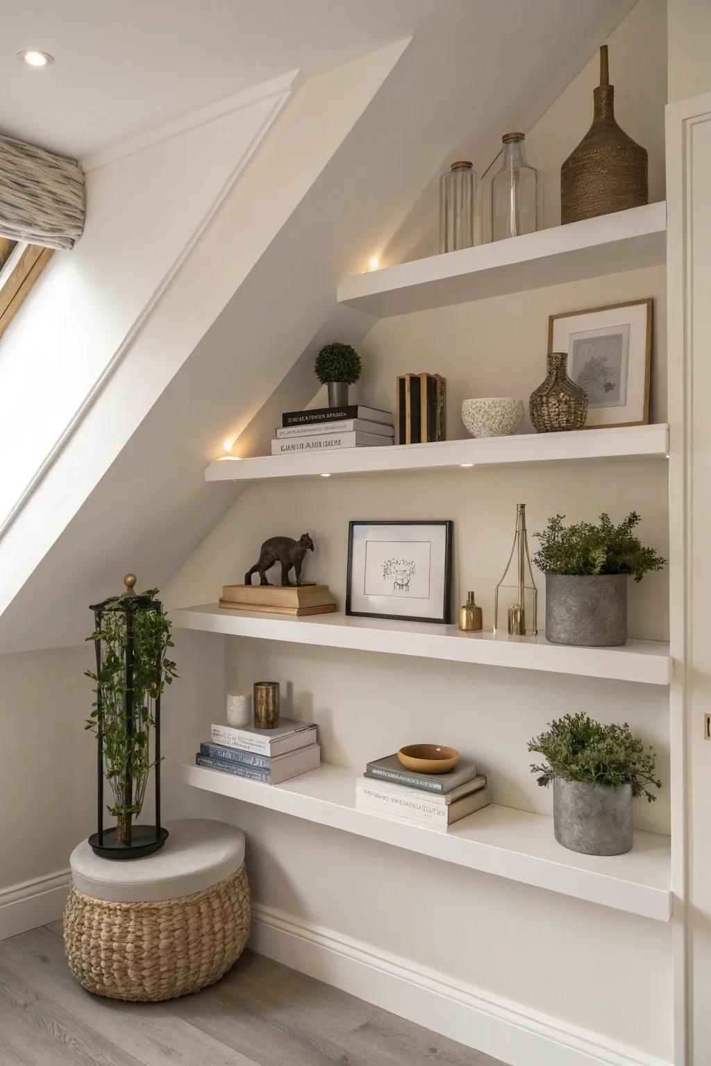 Display decor with minimalist floating shelves.