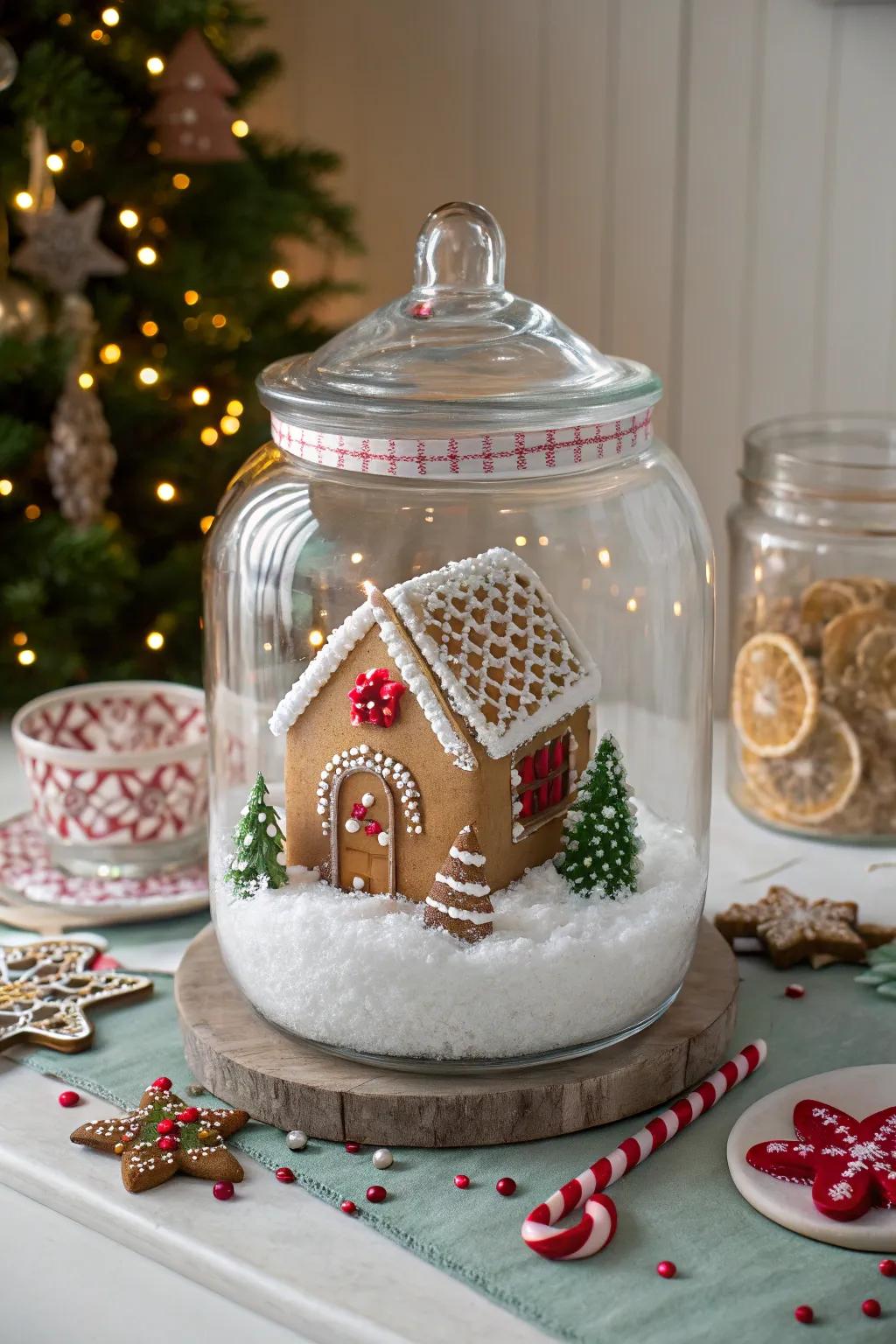 A whimsical gingerbread snow globe, offering a unique twist on traditional gingerbread houses.