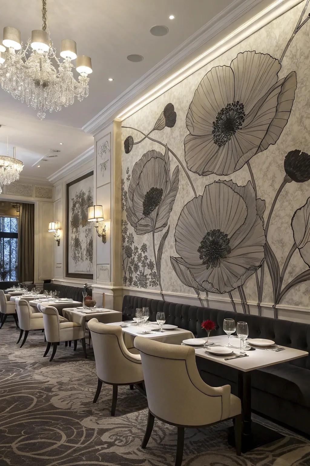 A monochrome poppy mural adds sophistication to any dining area.