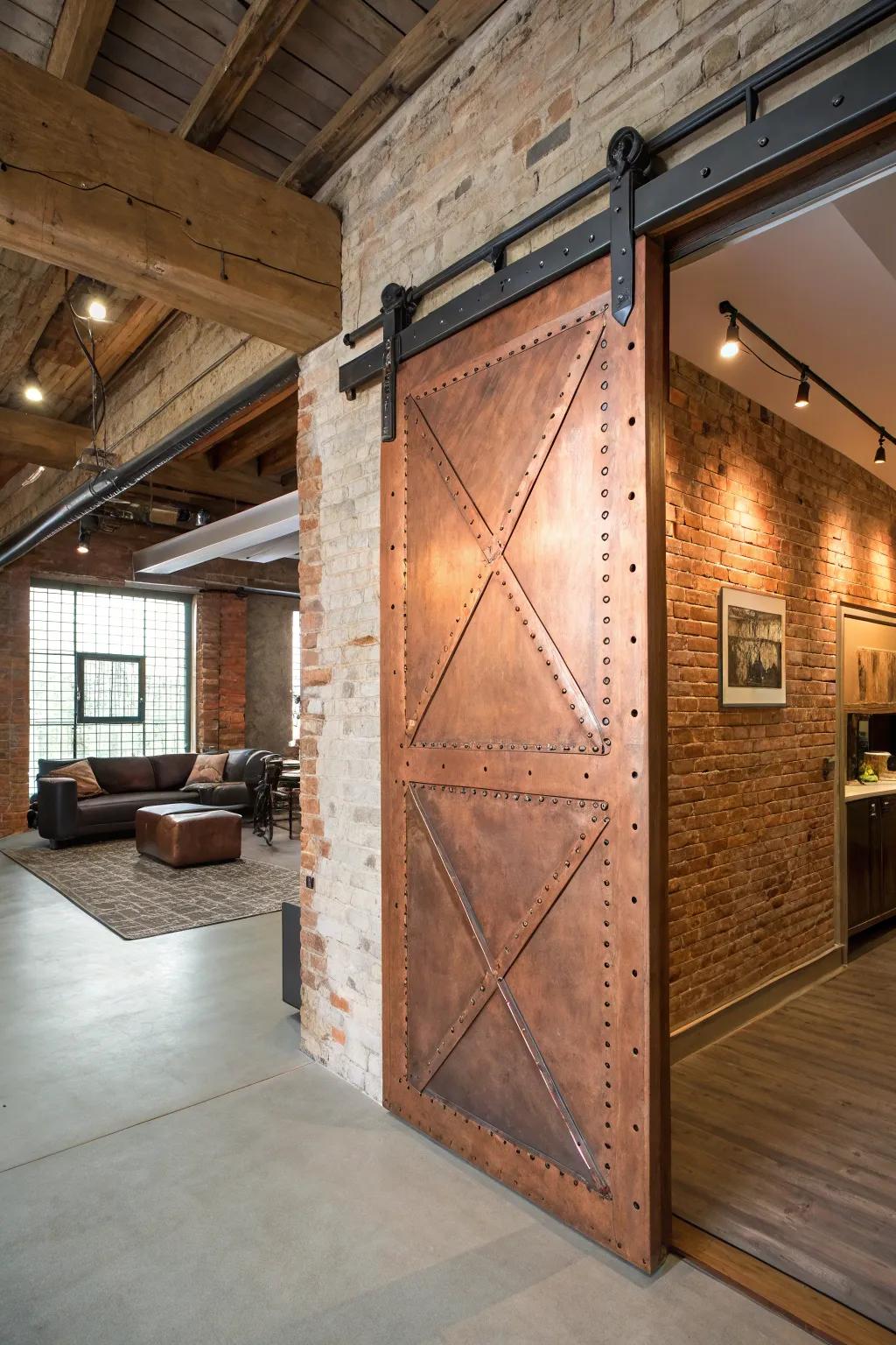 Copper barn doors add warmth and metallic charm.