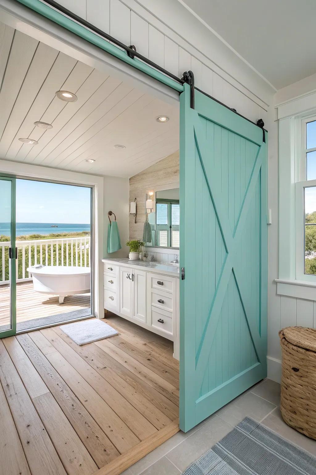 Aqua barn doors evoke calmness and clarity.