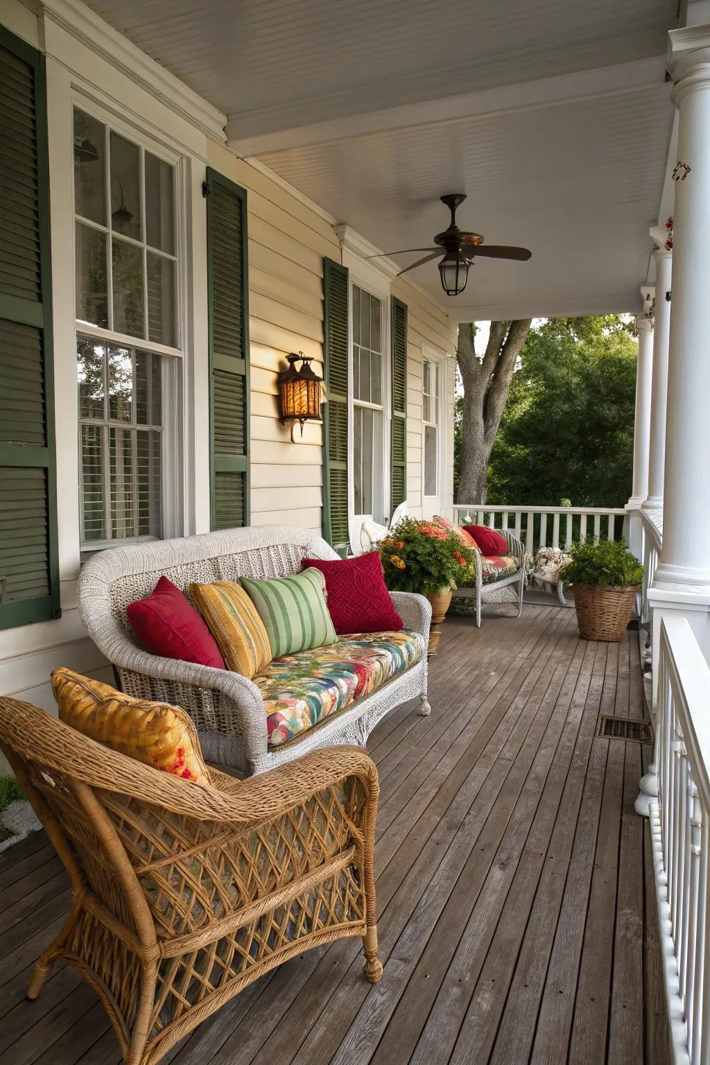 Traditional wicker furniture with colorful cushions for comfort.