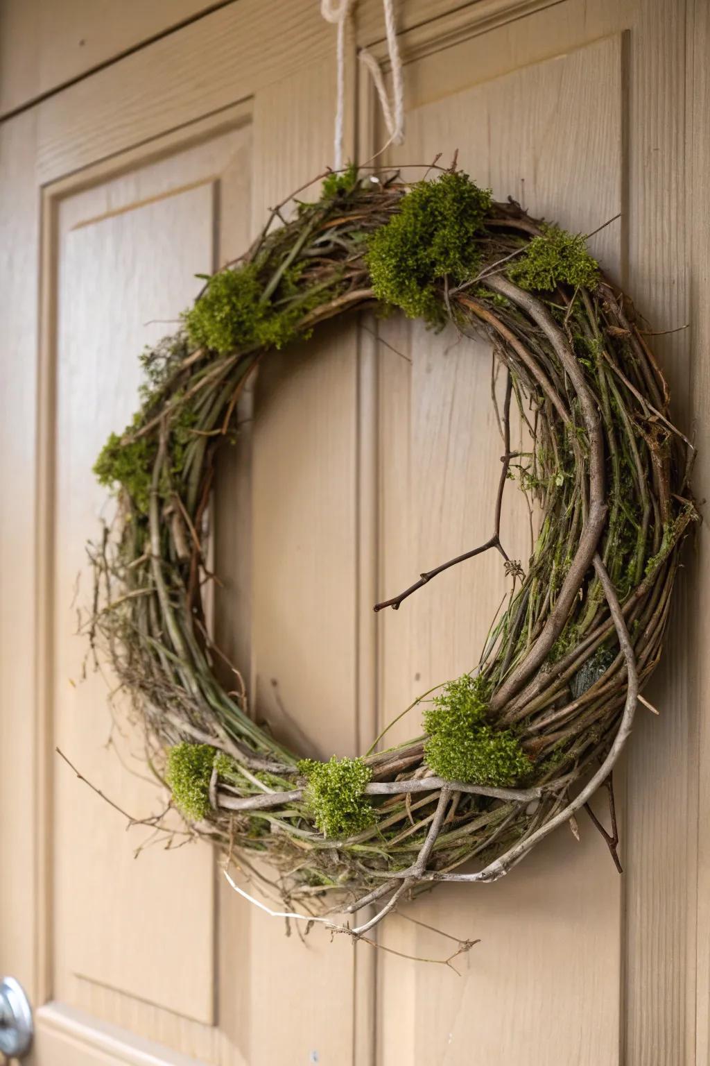 Embrace the beauty of nature with a rustic twig and moss wreath, perfect for a minimalist touch to your home decor.