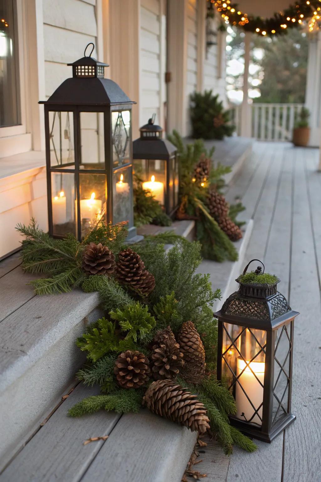 Lanterns with greenery create a warm outdoor welcome.