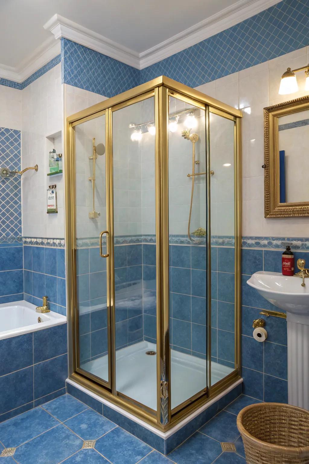 Gold-trimmed shower doors add a touch of luxury.
