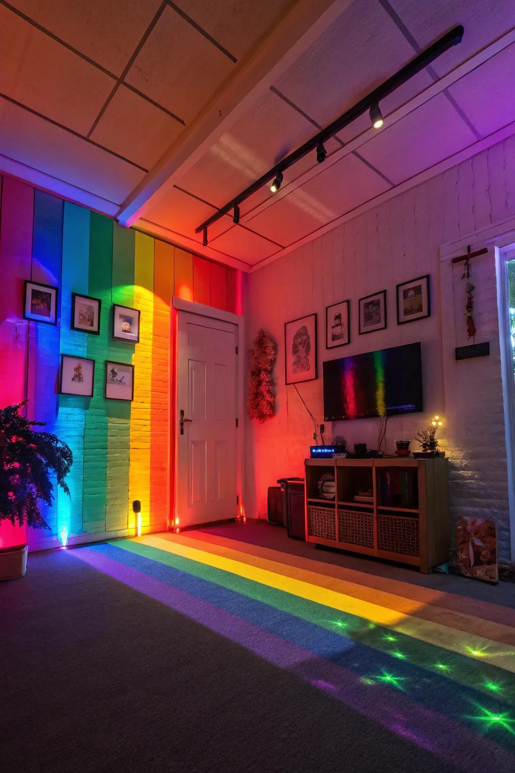 Creative lighting casts a magical rainbow glow.
