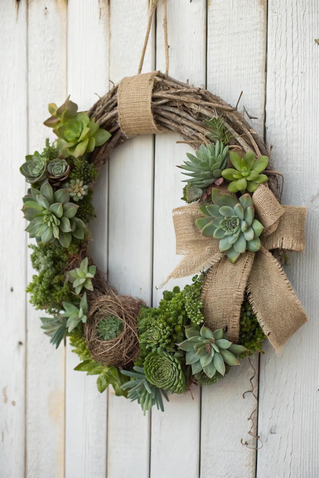 Embrace rustic-chic elegance with this succulent and burlap wreath, perfect for adding a fresh, modern twist to your decor.