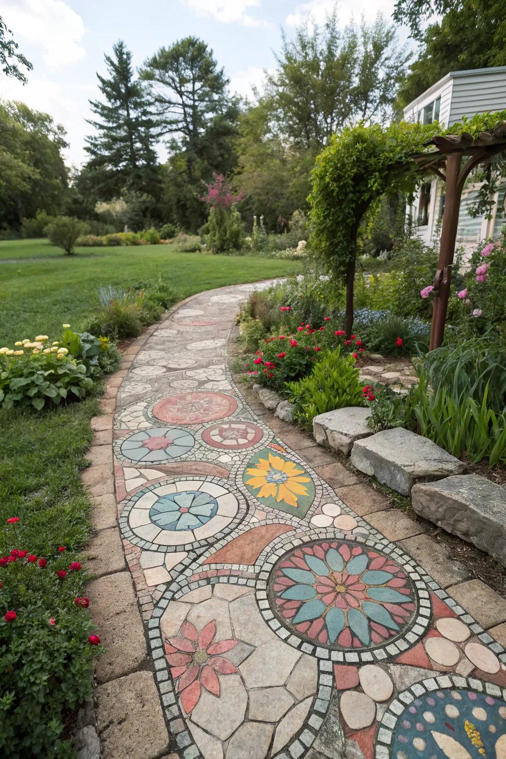 A vibrant mosaic stone walkway.