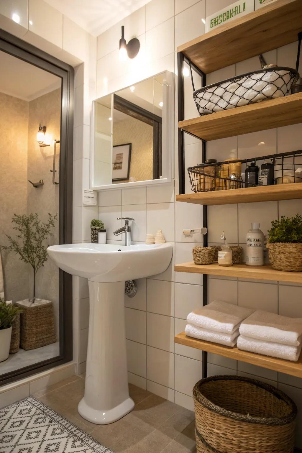 Organized bathroom with floating shelves.