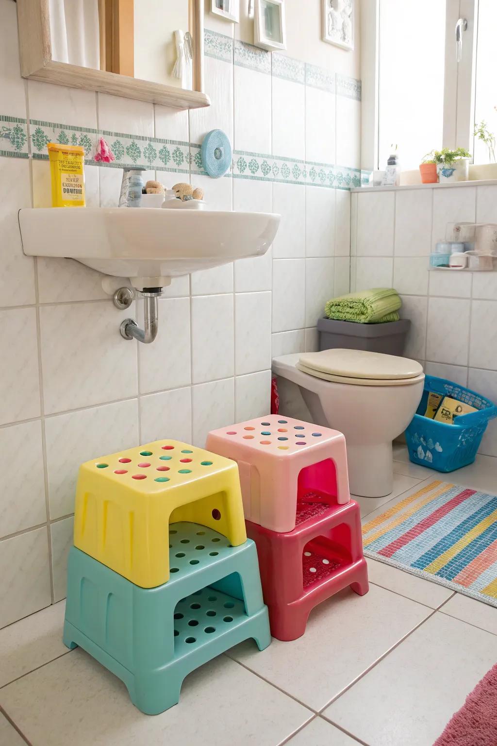Step stools encourage independence in the bathroom.