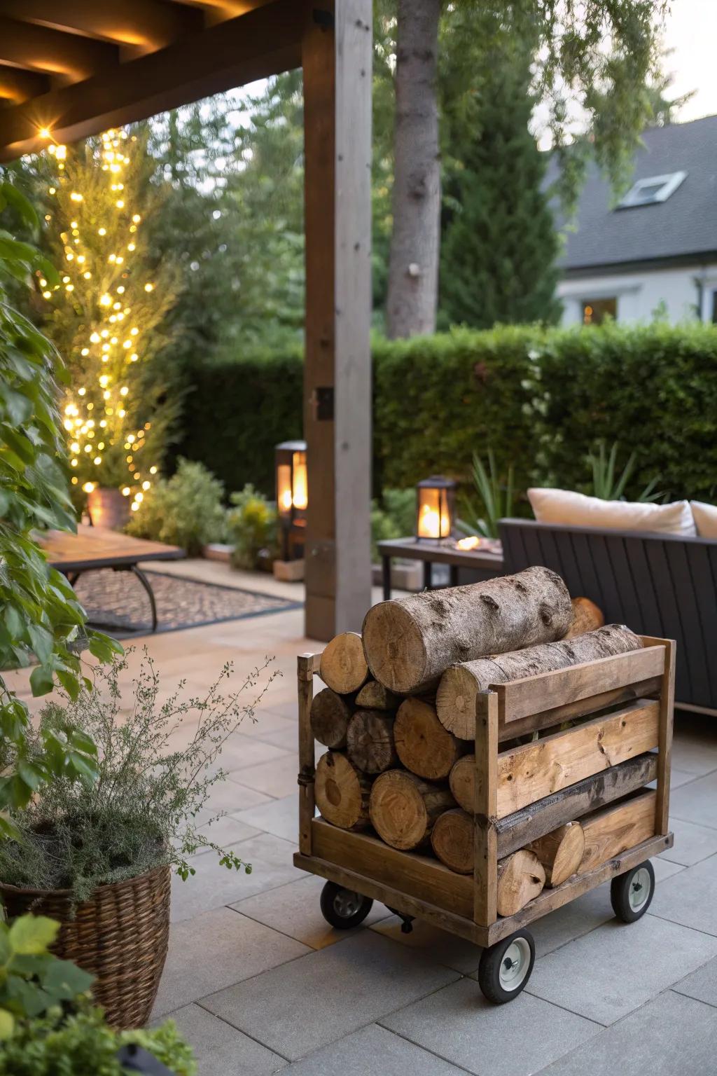 A portable firewood cart that combines function with elegance.