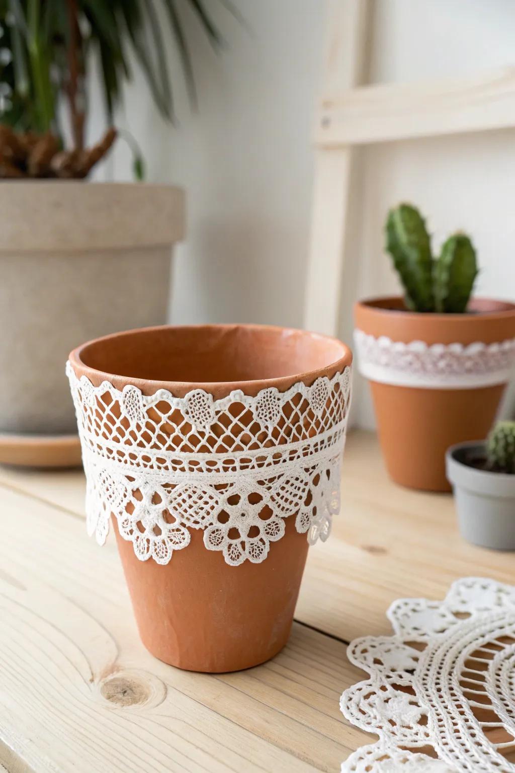 Elevate your plant decor with a touch of elegance using charming doily wraps.