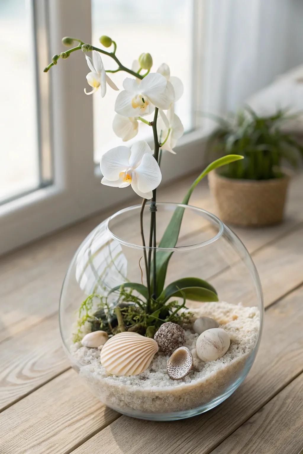 Bring the calm of the seaside into your home with this serene orchid terrarium, perfectly blending minimalist design with boho charm.