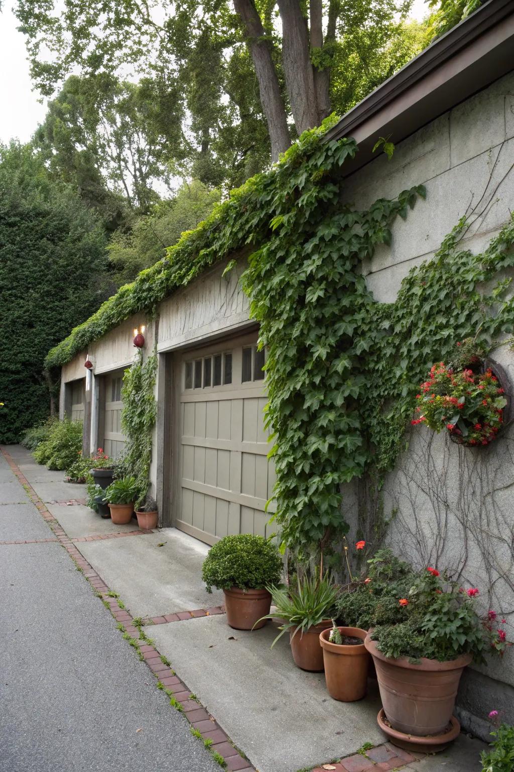 Climbing vines creating a lush green backdrop.