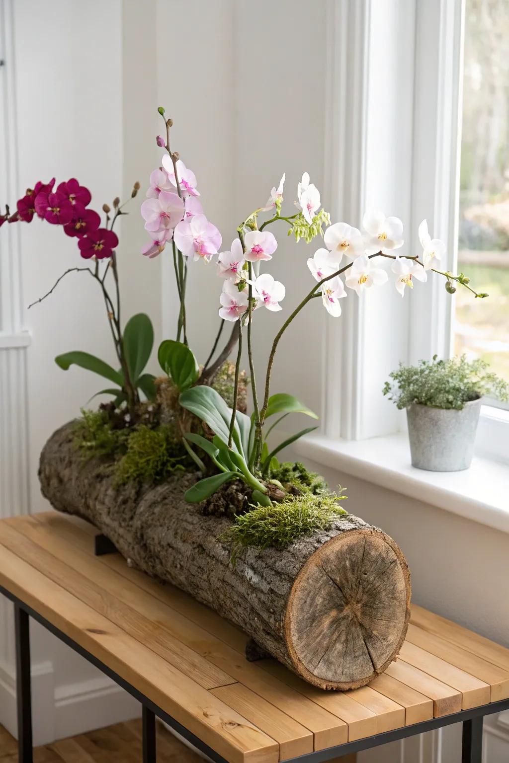 Bring the beauty of nature indoors with this rustic log orchid terrariumâwhere simplicity meets elegance.