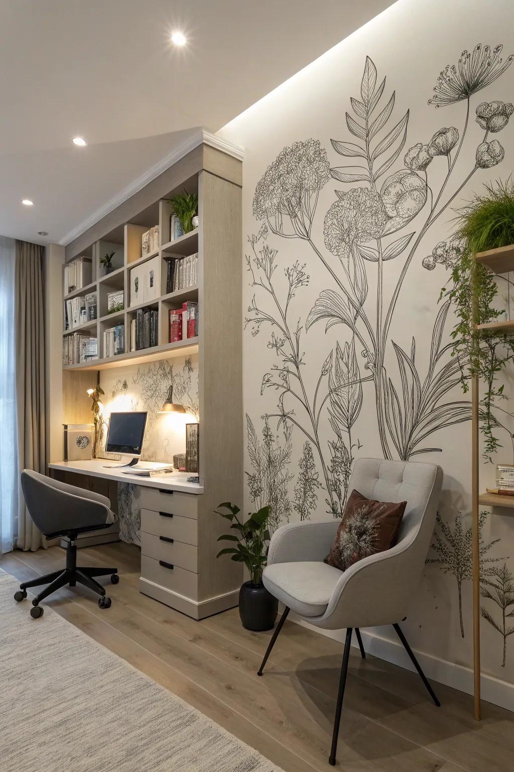 A botanical sketch mural adds vintage charm and sophistication.