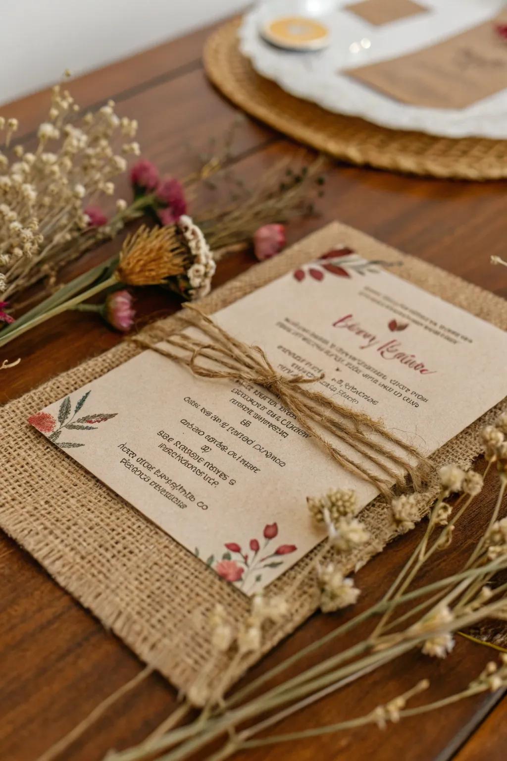A charming rustic invitation with earthy tones and natural textures.