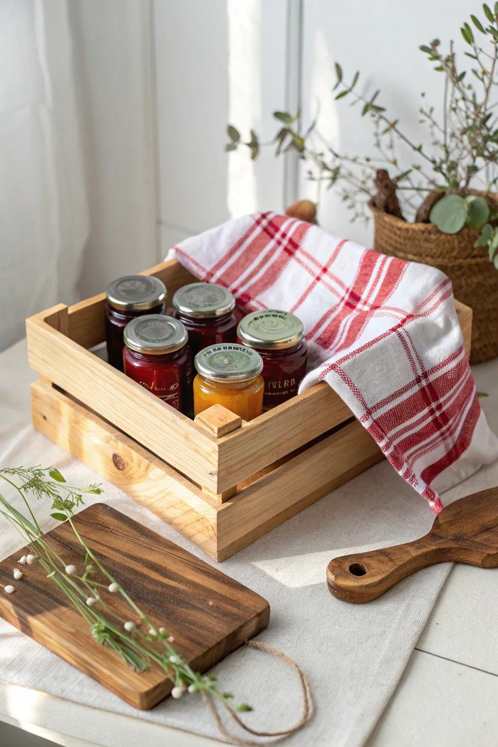 Embrace rustic charm with this farmhouse-inspired jam gift basket, perfect for adding warmth to any kitchen.