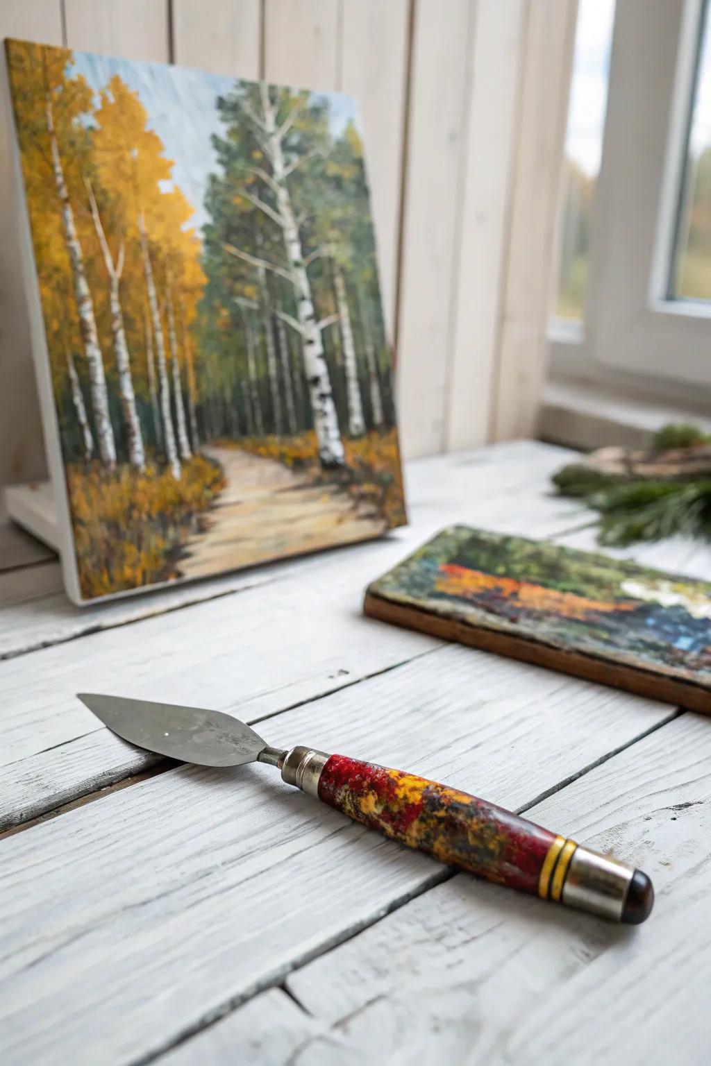 Crafting nature's beauty with a simple tool: vivid forest scenes come alive through the strokes of a palette knife.