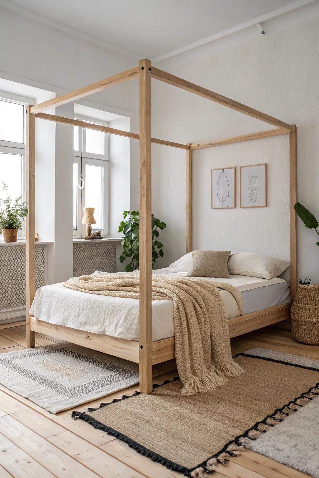 Elevate your small space with a minimalist canopy bed frameâsimple, elegant, and naturally beautiful.