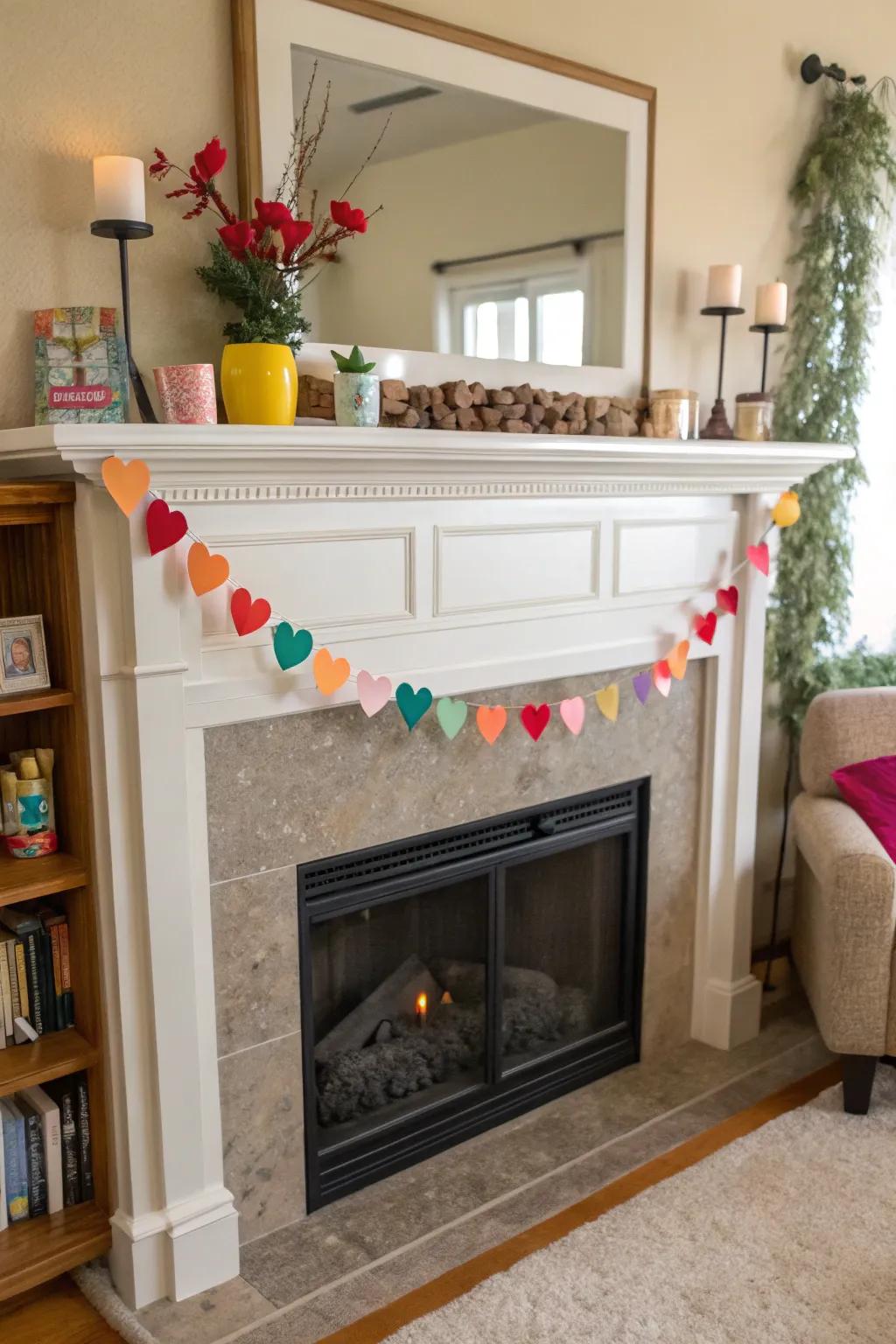 A colorful felt heart garland draped over a mantel.