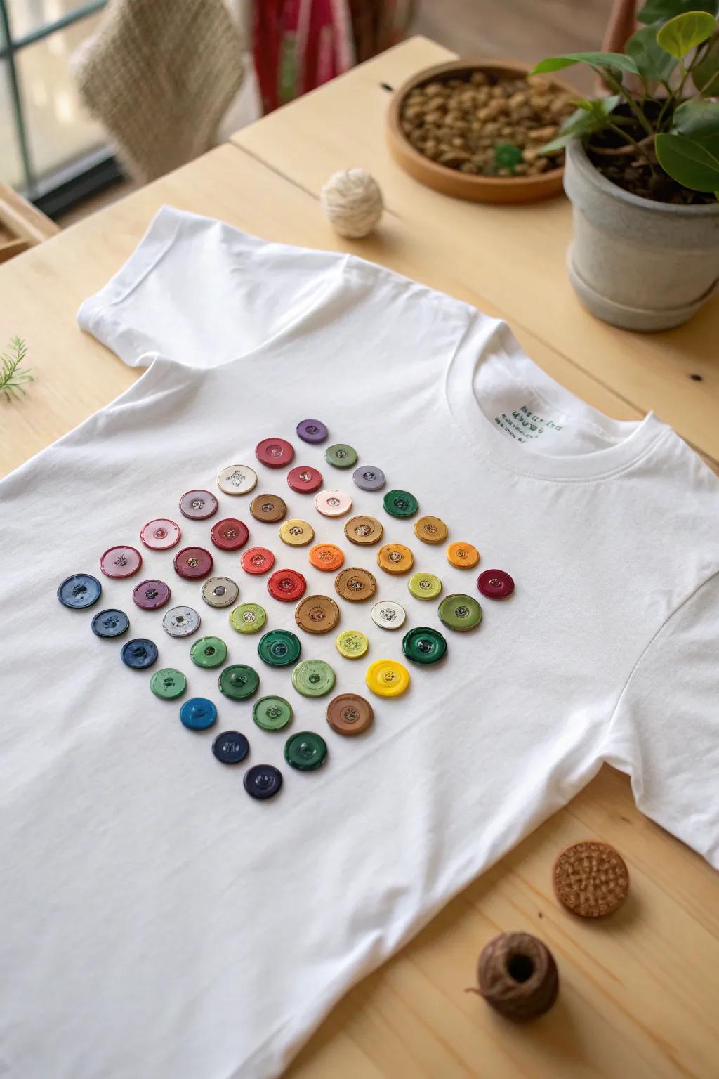 Transform your spare buttons into a masterpiece with this colorful DIY shirt project!