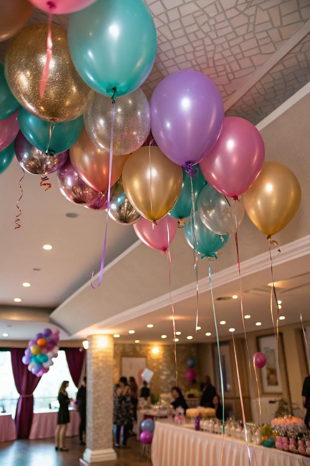 A vibrant balloon installation creates an eye-catching ceiling display.